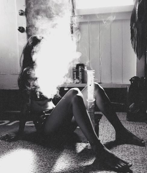 girl smoking bong black and white